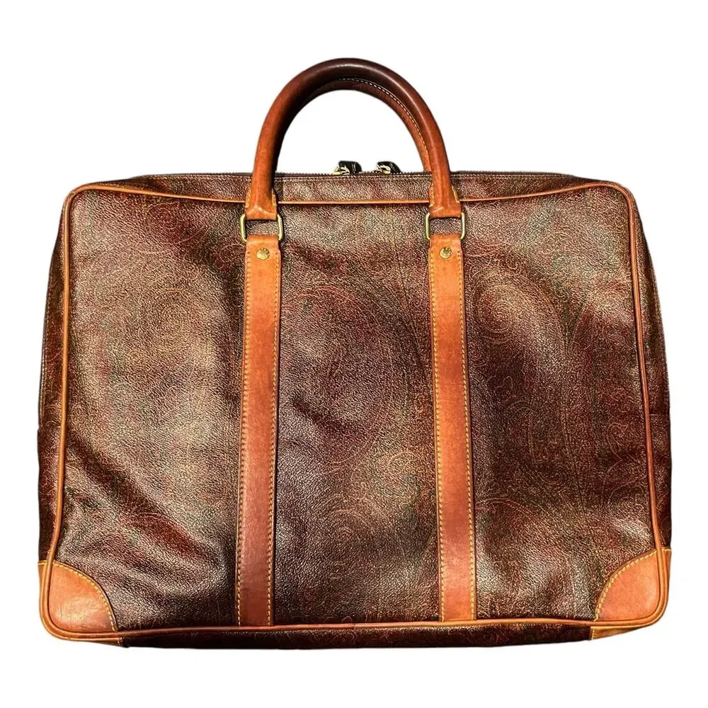 ETRO Vintage Paisley Bag Leather Briefcase Travel Office Dual Top Handle Lined